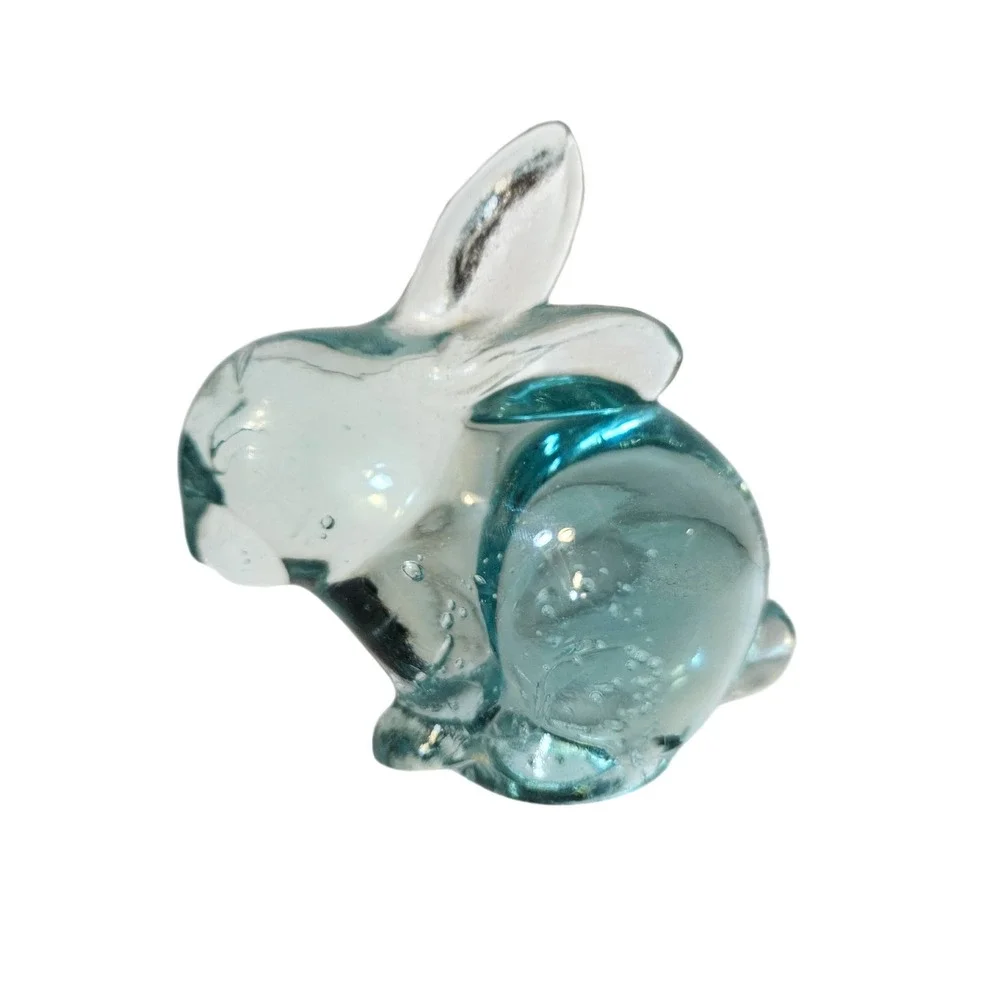 Vintage Murano Style Art Glass Bunny Rabbit Bullicante Clear Aqua Figurine MCM